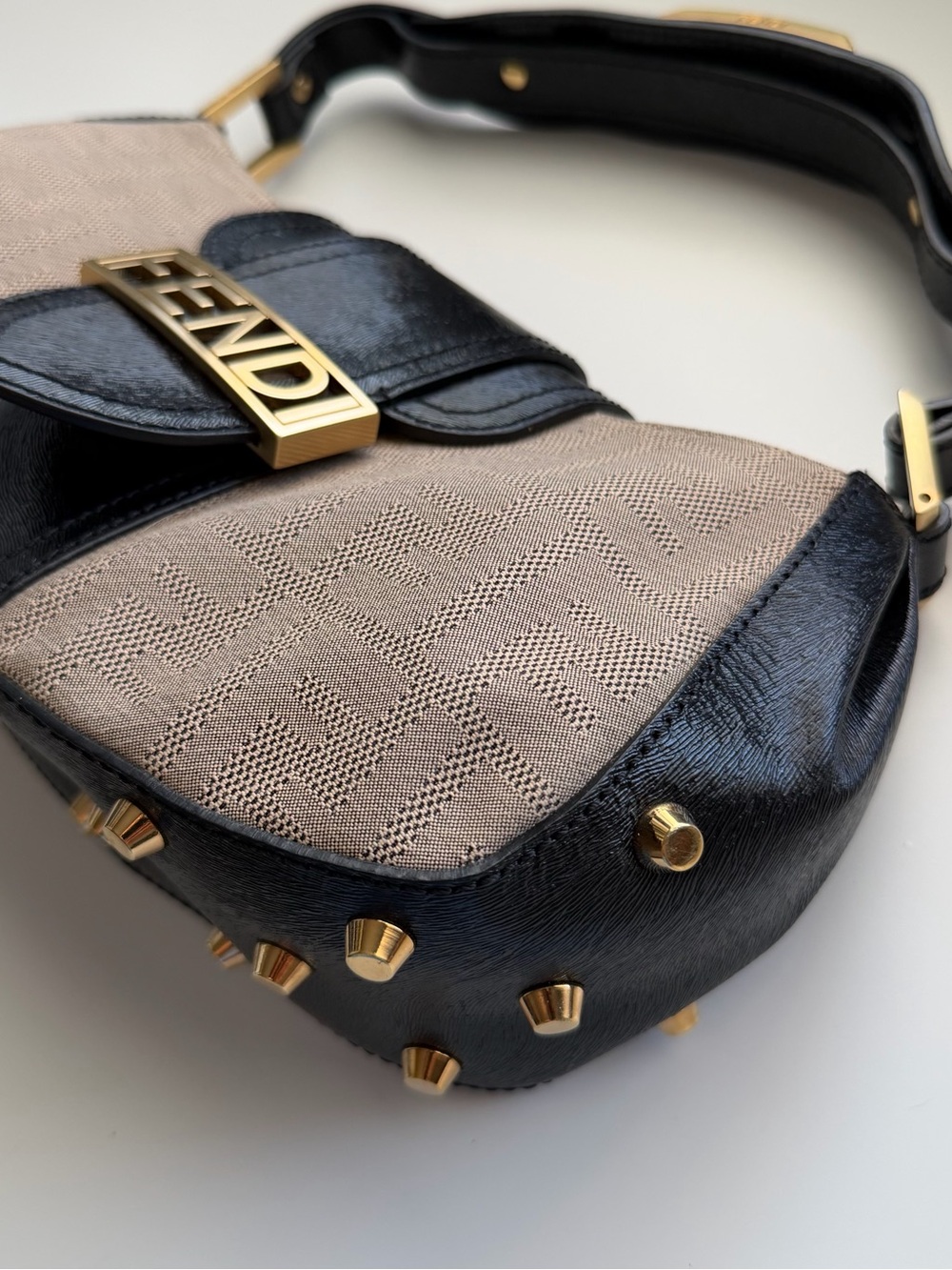 Fendi Zucca Shadow Black Leather Studded Shoulder Bag - Picture 4 of 8